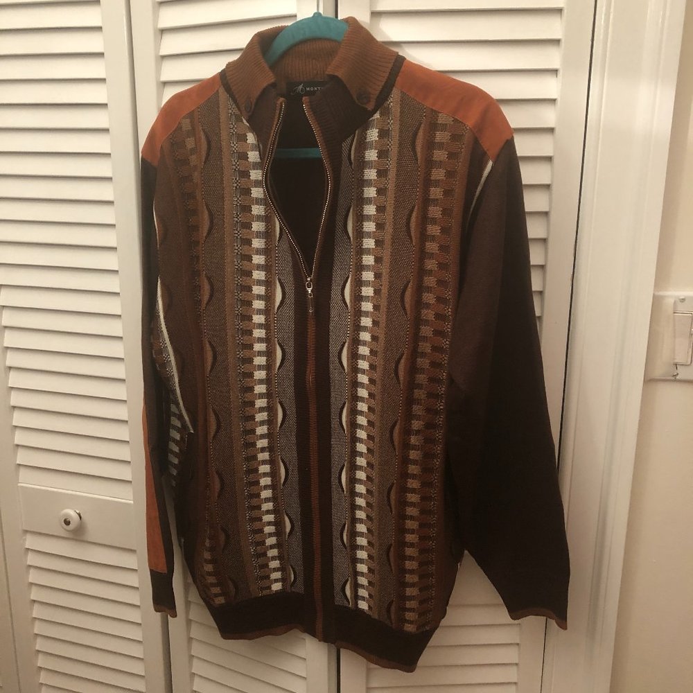 Montique Vintage 90s Full Zip Grandpa Cardigan brown and tan Sweater, L